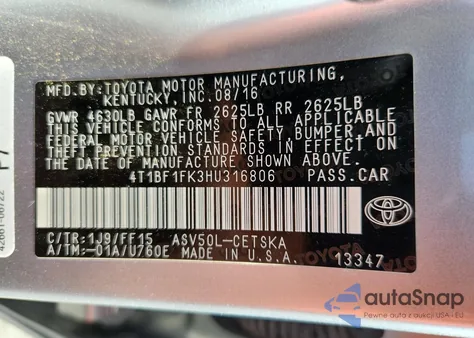 2017 Toyota Camry Le z USA, uszkodzony, nr VIN 4T1BF1FK3HU316806